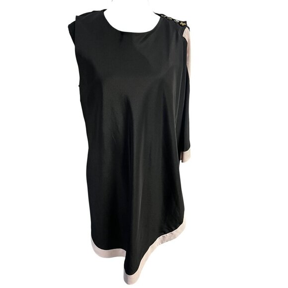 TED BAKER Black Sleeveless Asymmetrical Dress Women 4 Beige Trim Button Shoulder - Picture 4 of 13